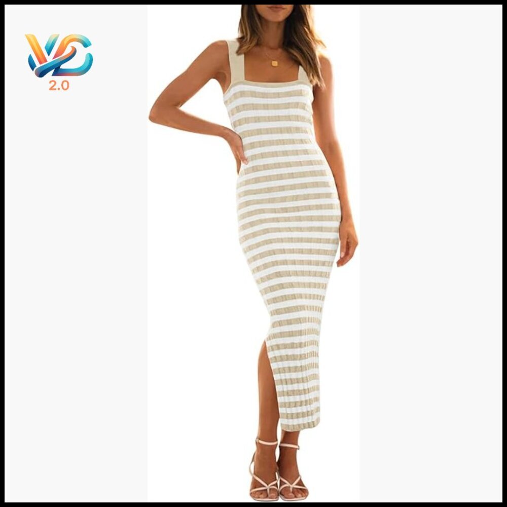 Sleeveless Ribbed Knit Midi Dress Bodycon Striped Party Beach Vacation